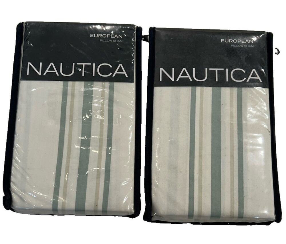 NEW Nautica Lamberts Cove Green Stripe Euro Pillow Shams 100% Cotton Set of 2